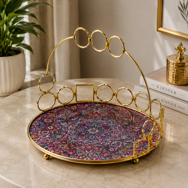 Luxury Gold Decorative Serving Tray with Printed Glass Base | Premium Rectangular Display Tray