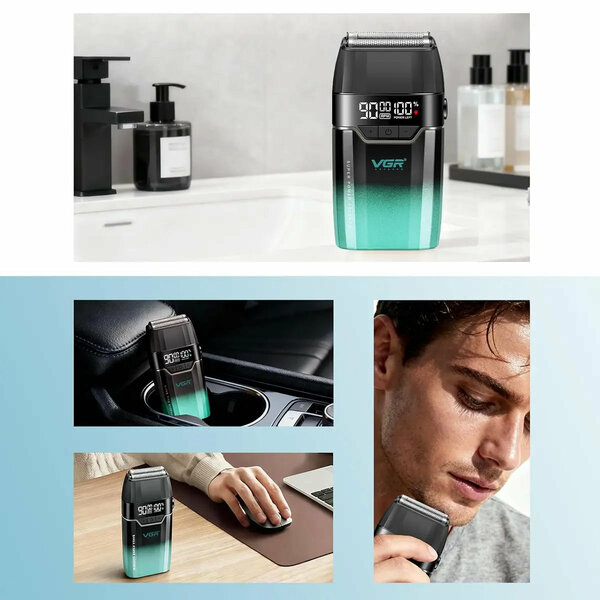 VGR - V-308 Professional Double Foil Shaver 9000RPM Cordless Head Shaver with Titanium Foils, LED Display
