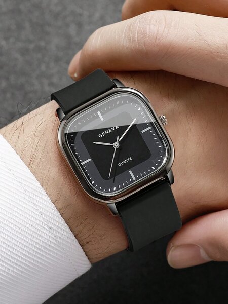 Shein - 1pc Men's Silicone Strap Fashion Casual Square Minimalist Dial Quartz Wrist Watch - Black Dial