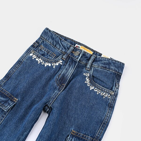 Girls Denim Stretch Pant Cargo Style - Light Blue