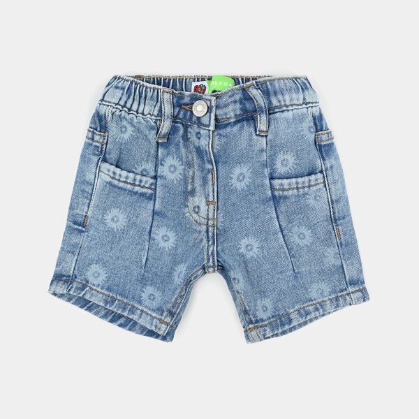 Infant Girls Denim Rigid Shorts – Flower Print Mid Blue with Elastic Waist