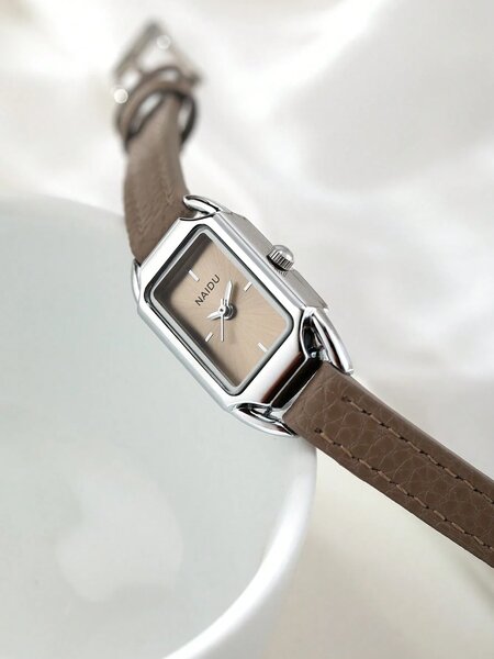 Shein - Casual Rectangular Small Dial Watch, Litchi Grain Leather Strap