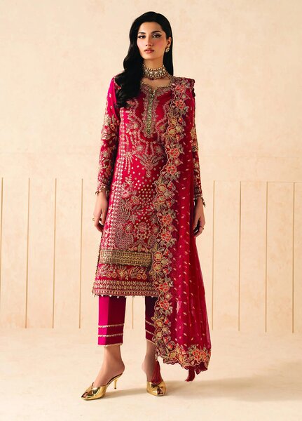 Syleena by Gulaal Unstitched Embroidered Raw Silk 3 Piece Suit GL26USR Rubine SD-27 - Festive Collection