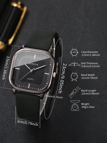 Shein - 2pcs/Set Men's Gift Watch & Belt, Fashion Minimalist Square Dial Quartz Wrist Watch