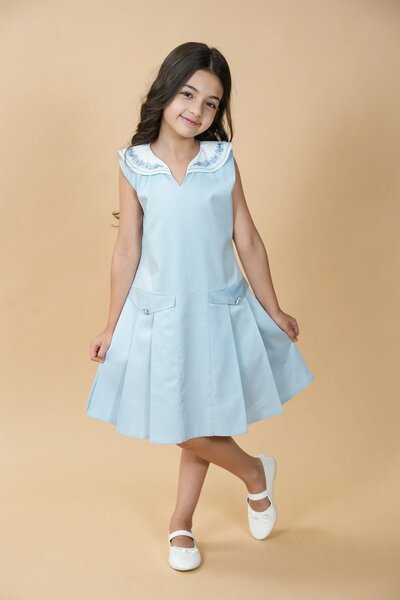 Bluebird | Pure cotton dress with hand-embroidered collar & box pleats