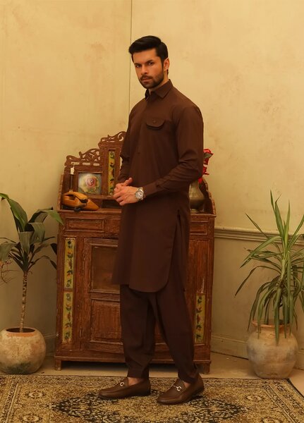 Mazham Mens Kameez Shalwar RTW Solids Blended 2 Piece Suit Dark Brown Casual Collection