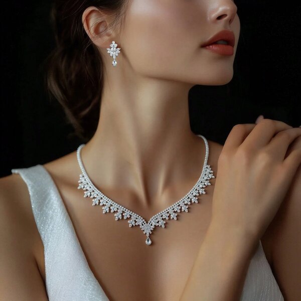 Shein - 1Set Cubic Zirconia Decorated Round Shape Jewelry Set