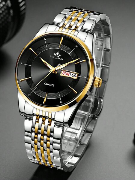 Shein - 1pc Men Two Tone Stainless Steel Strap Business Date Round Dial Quartz Watch, For Daily Life