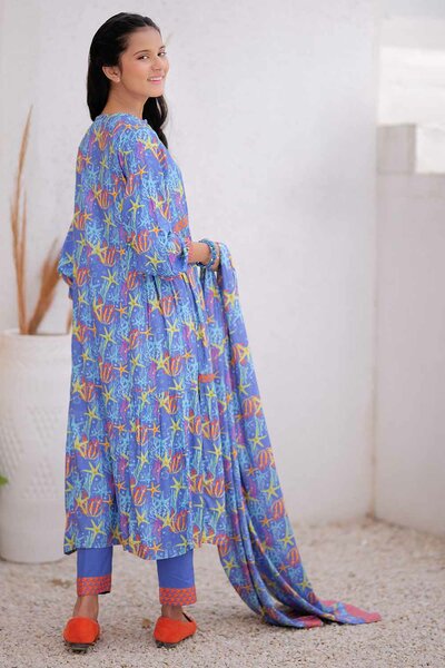 Senorita Girls RTW Girls Blue and Multicolor Casual 3 Piece Suit Marina Fabric Printed GAD-02477 - Winter Collection