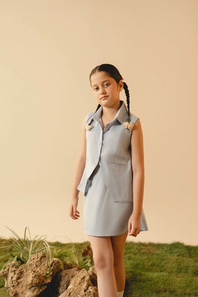 Laurel | Baby denim co-ord set with tailored sleeveless top and skirt