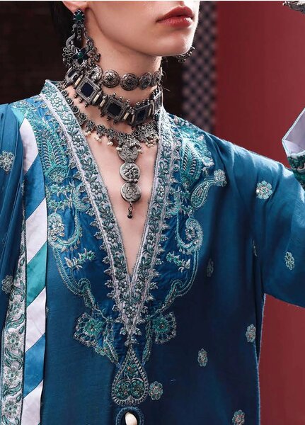 Nuvera Hemline by Mushq Unstitched Embroidered Raw Silk 3 Piece Suit MU26UNH Rouge Sapphire MUNES260201 - Festive Collection