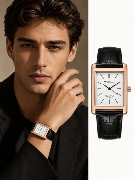 Shein - 1Pc Square Men'S Watch, Rose Silver Case, Unisex