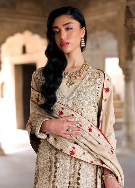 Saira Shakira Unstitched Embroidered Korean Silk 3 Piece Suit SSR26UW Rose - Wedding Collection