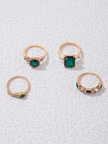 Shein - 4Pcs/Set Glamorous Zinc Alloy Rhinestone Geometric Decor Ring For Women For Girlfriend'S Gift