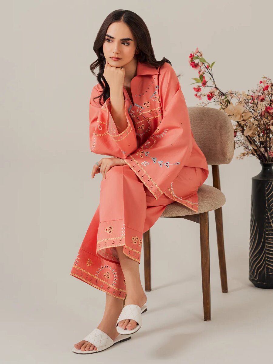 Coral- 2Pcs Embroidered Coord Set