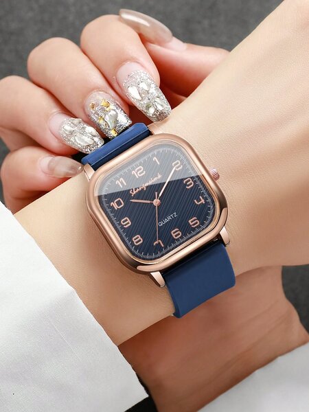 Shein - 1Pc Women Casual Square Digital Scale Dial Fashion Quartz Wrist Watch With Silicone Strap