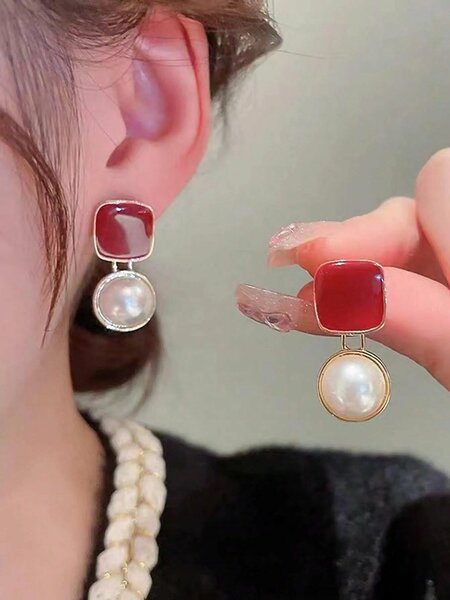 Shein - 5pcs/Set Square Burgundy Floral Enamel & Faux Pearl Stud Earrings, Fashionable Elegant Geometric Earrings Set