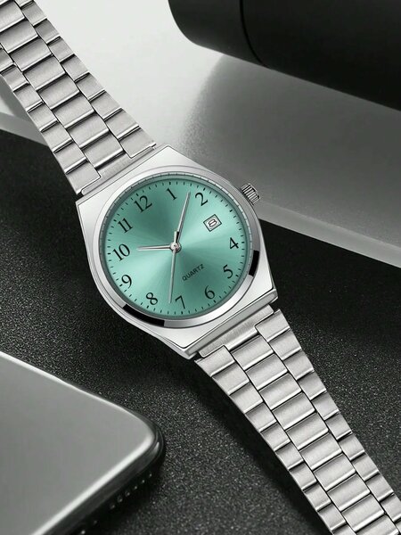 Shein - 1pc LUCKYFOX Quartz Watch, Minimalist Vintage Steel Strap Small Square Dial Calendar
