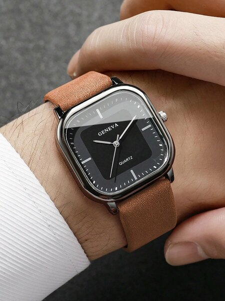 Shein - 1pc Men's Fashion Casual Rectangular Simple Scale Dial Classic Quartz Wrist Watch, Without Watch Box