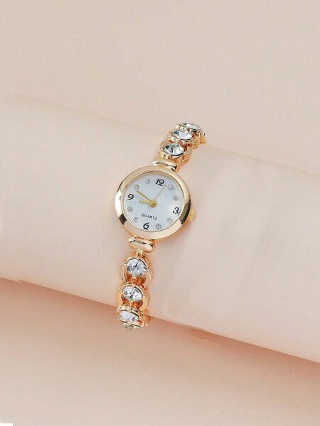 Shein - Rhinestone Decor Round Pointer Quartz Watch