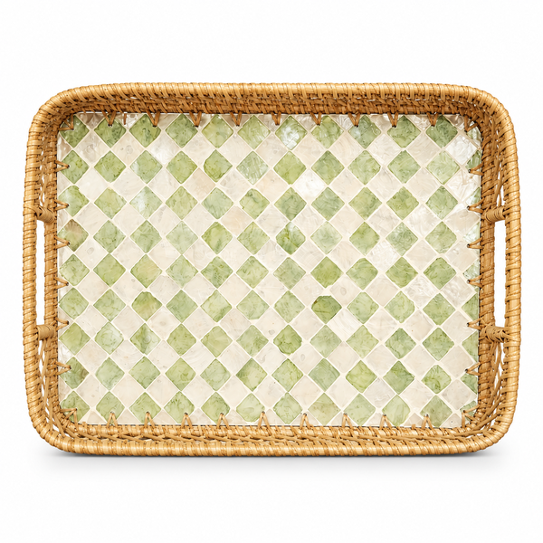 Small Mother of Pearl Decorative Tray with Woven Rattan Frame