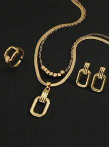 Shein - 4 Pieces Of Trendy High-Quality Stainless Steel  Necklace + Earrings + Ring 3 Set