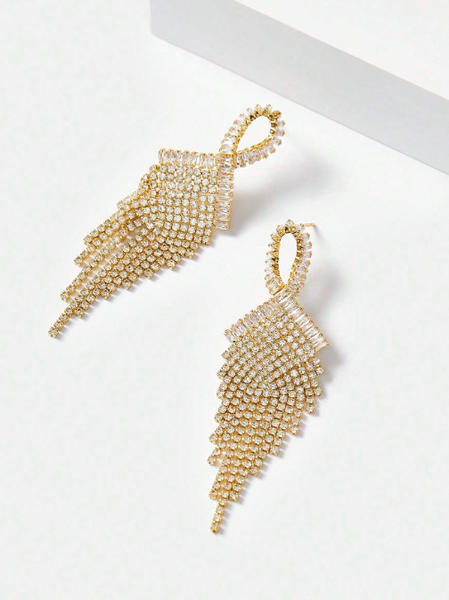 Shein - Motf Premium 18K Gold Plated Zirconia Inlaid Tassel & Rhinestone Elegant Earrings