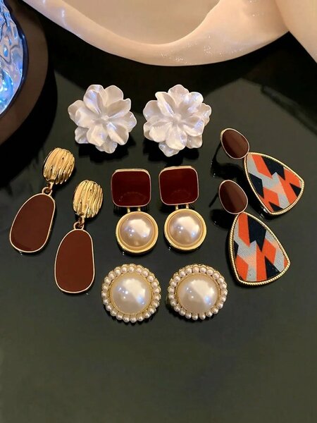 Shein - 5pcs/Set Square Burgundy Floral Enamel & Faux Pearl Stud Earrings, Fashionable Elegant Geometric Earrings Set