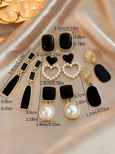 Shein - 5pcs/Set Fashionable Casual French Elegant Asymmetrical Geometric Black Drip Glaze Heart & Faux Pearl Earrings, Chic Minimalist Design, High-End Earring Set Suitable For Women's Daily And Holiday Wear