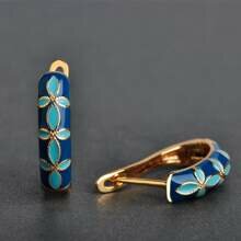 Shein - Fashion Blue Flower Pattern Enamel Copper Earrings