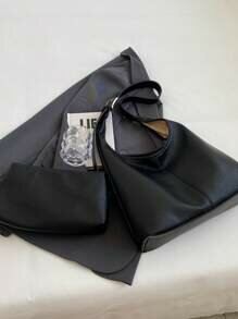 Shein - 2pcs/Set Parent-Child Black PU Leather Litchi Pattern Large Capacity Simple Casual Shoulder Bag