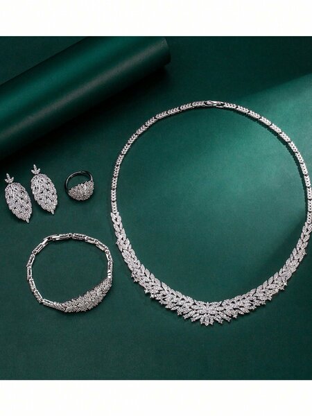 Shein - 5Pcs Tylionnejewelry Platinum Plated Cubic Zirconia Luxury Necklace, Bracelet, Earrings, Open Ring