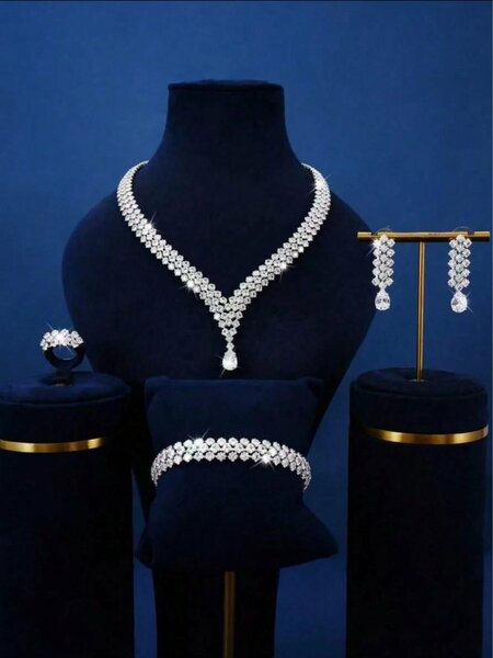 Shein - 5Pcs/Set Women'S Fashion Light Luxury Rhombus Water Drop Shaped Sparkling Crystal Zirconia