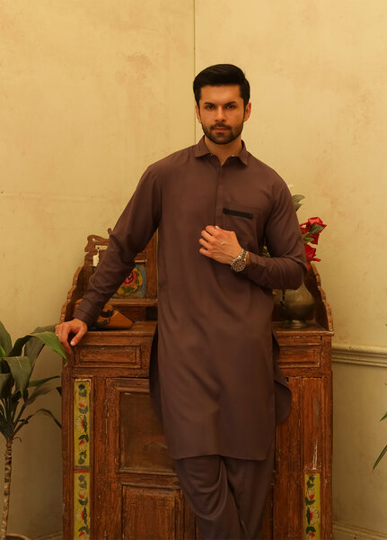 Mazham Mens Kameez Shalwar RTW Solids Blended 2 Piece Suit Dark Purple Casual Collection