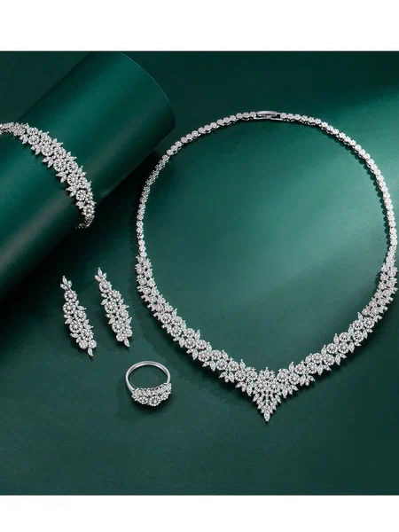 Shein - 5Pcs Rhodium Plated Cubic Zirconia Luxury Necklace, Bracelet, Earrings, Open Ring Jewelry Set