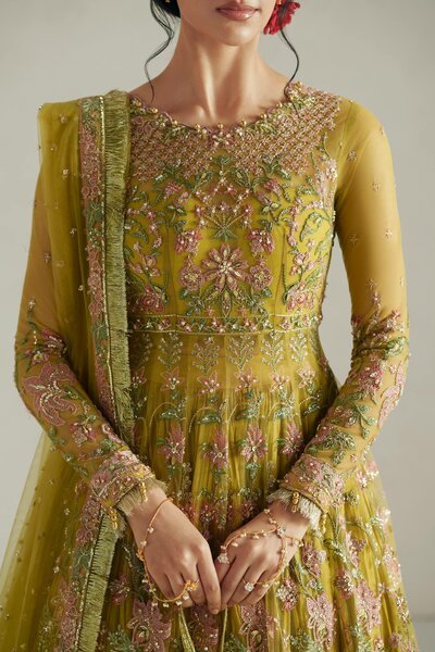 Vera Unstitched Embroidered Net 4 Piece Suit VR26UWF Marigold Mustard - Wedding Collection
