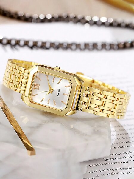 Shein - 6Pcs Stainless Steel Watch Band, Quartz Watch With Water Drop Necklace Bracelet Ring Earrings Set - Gold