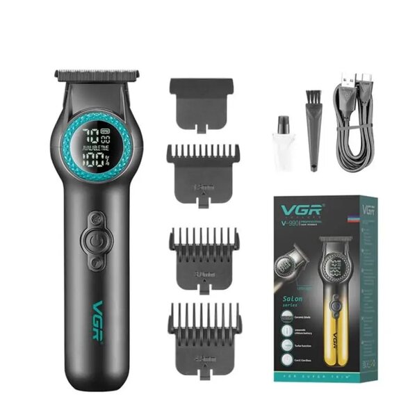 VGR - Ultra-Premium Zero Gapped Professional 8000 Rpm 2 Speed Hair Trimmer Ceramic & Powder Metallurgic Blade Digital Display 2000Mah Lithium Battery Cord/Cordless