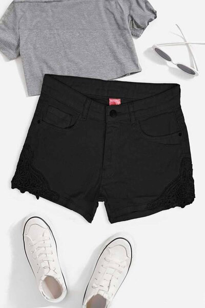 Monguun Girl's Floral Lace Design Denim Shorts