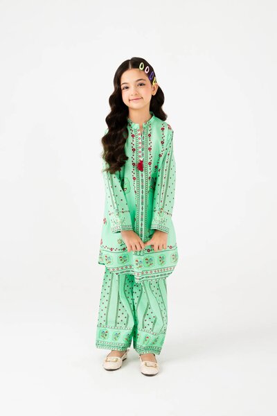 Green Printed Cotton Kurta Set - 2pc