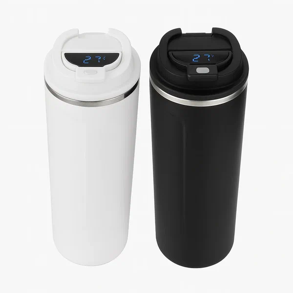 1Pc Smart Temperature Display Coffee Mug – White & Black Stainless Steel Thermal Flask with LED Screen