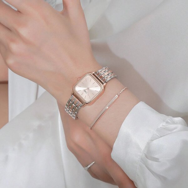 Shein - 2Pcs/Set Minimalist Stainless Steel Strap Quartz Watches For Women