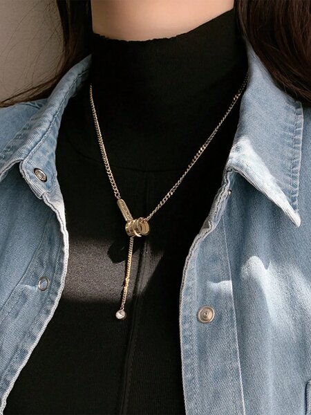 Shein - 1Pc Stainless Steel Fashionable New European And American Style Necklace For Women, Korean Simple Wild Forest Fringe Chain For Collarbone