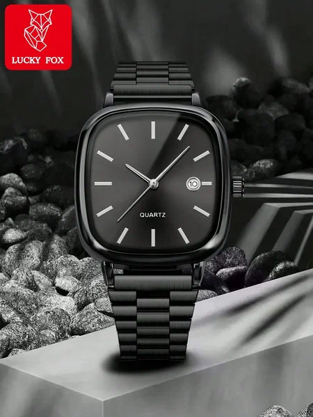 Shein - 1pc LUCKYFOX Minimalist Retro Steel Band Square Dial Calendar Watch