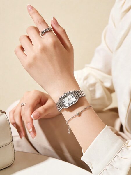 Shein - 1pc Women's Elegant Retro Quartz Watch With Roman Numeral Markers, Quality Alloy Case - Silver