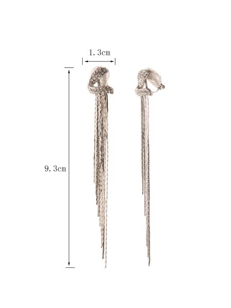 Shein - 1Pair Silver Long Tassel & Rhinestone Decor Clip-On Earrings