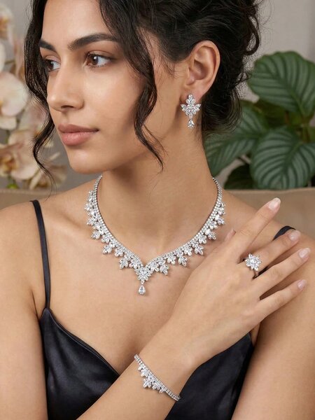 Shein - 1Set Cubic Zirconia Decorated Round Shape Jewelry Set