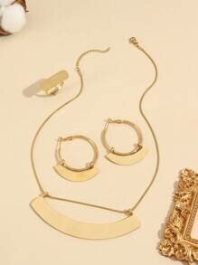 Shein - 1set Simple & Elegant Stainless Steel Geometric Pendant Earrings Ring Necklace Jewelry Set