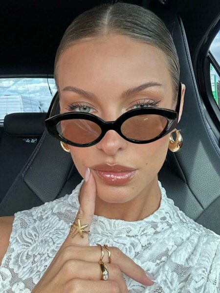 Shein - 1 Pair Women'S Acrylic Casual Retro Oval Fashionable Black Fashion Glasses