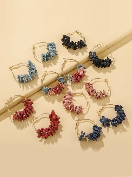Shein - 6pairs Cloth Flower Decor Hoop Earrings